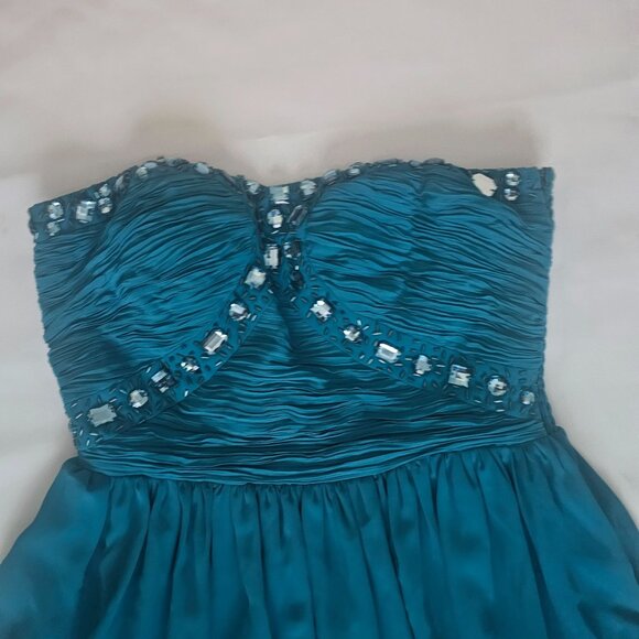 Women's Teal Chiffon Strapless Rhinestone Beaded Bodice High-Low Hem Dress Small - Picture 4 of 10